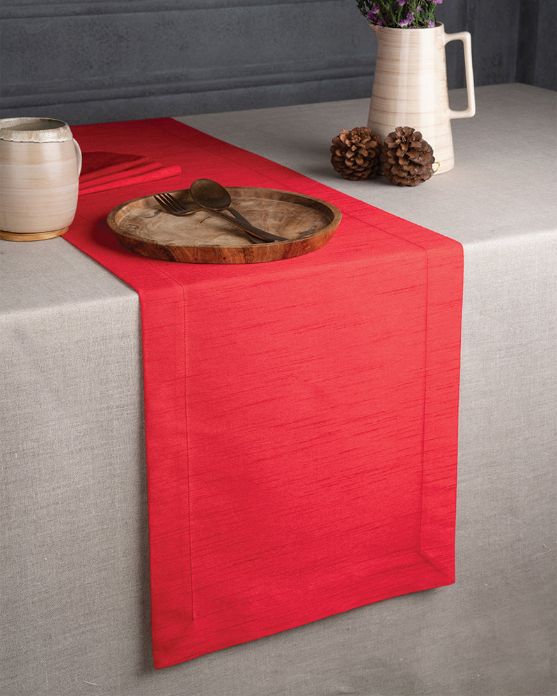 Tango Red Silk Textured Table Runner - Mitered Corner