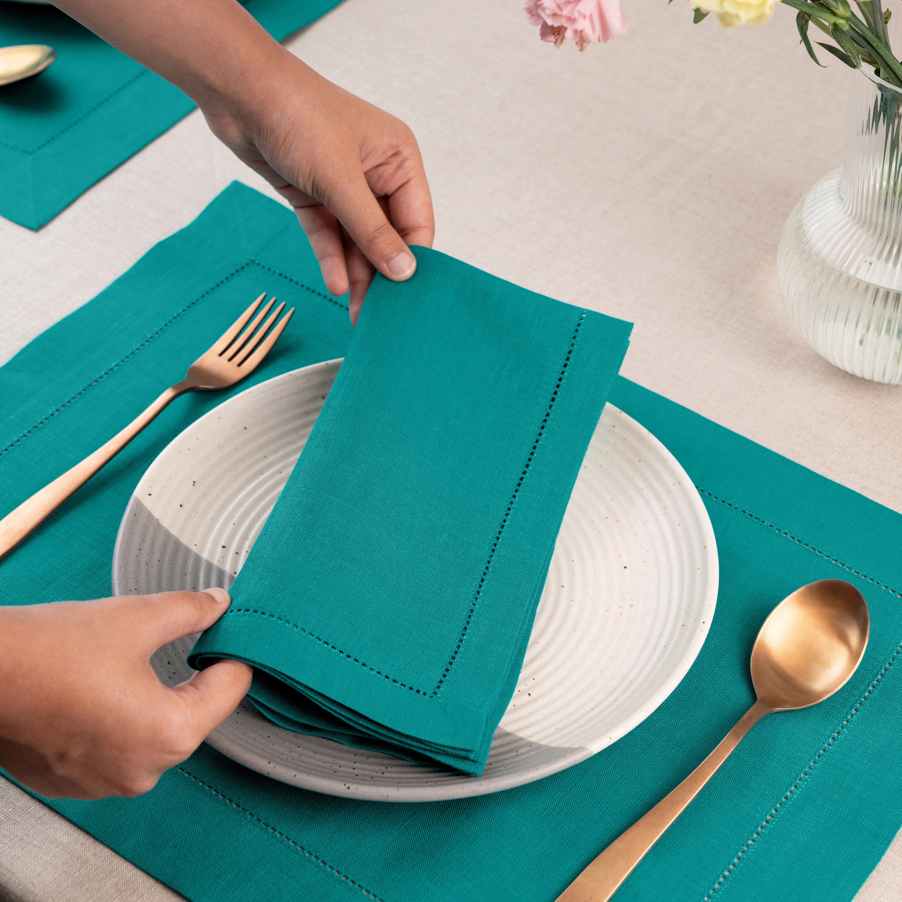 Teal Blue Linen Napkins, Hemstitch, 20 x 20 inch, 4 pcs