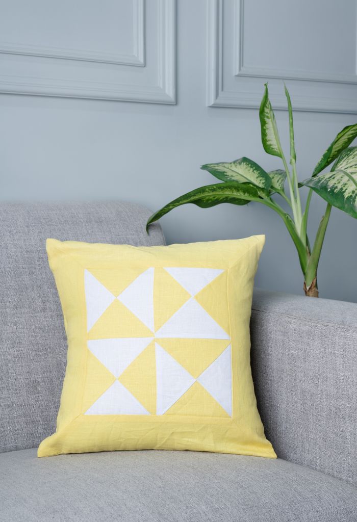 Lemon Yellow and White Triangle Design Square Cushion Cover | Set of 4