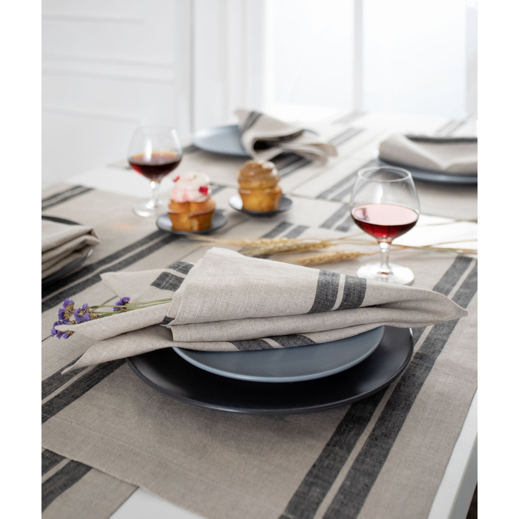 Natural & Black French Stripe Linen Dinner Napkins