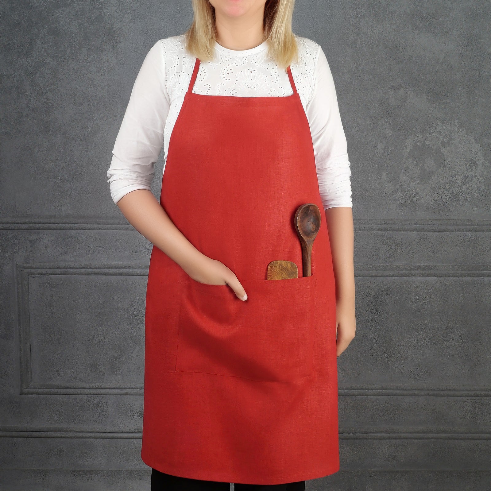 Classic Bright Red Linen Apron