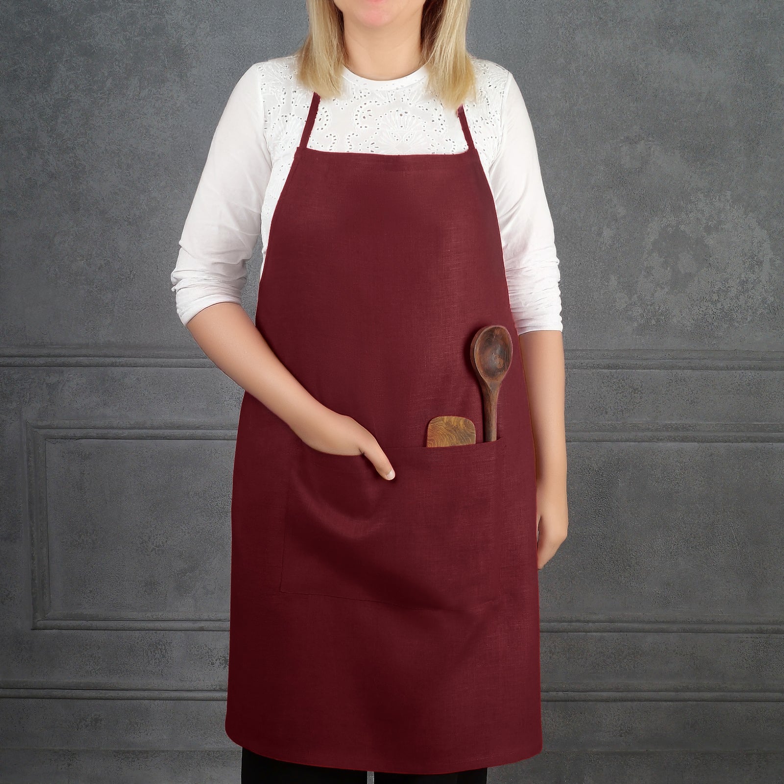 Classic Dark Red Linen Apron