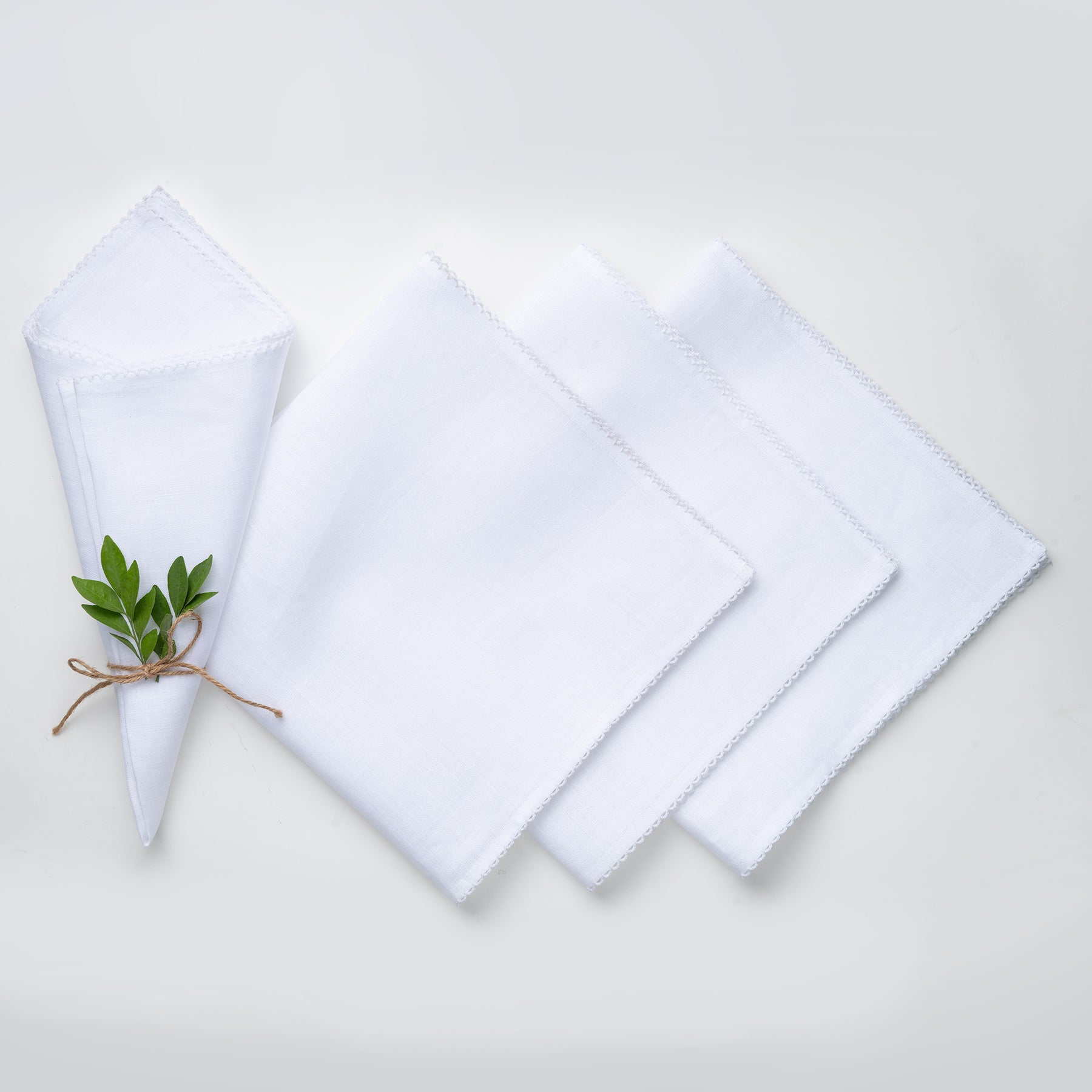 White & White Linen Dinner Napkins 20 x 20 Inch Set of 4 - Whipstitch