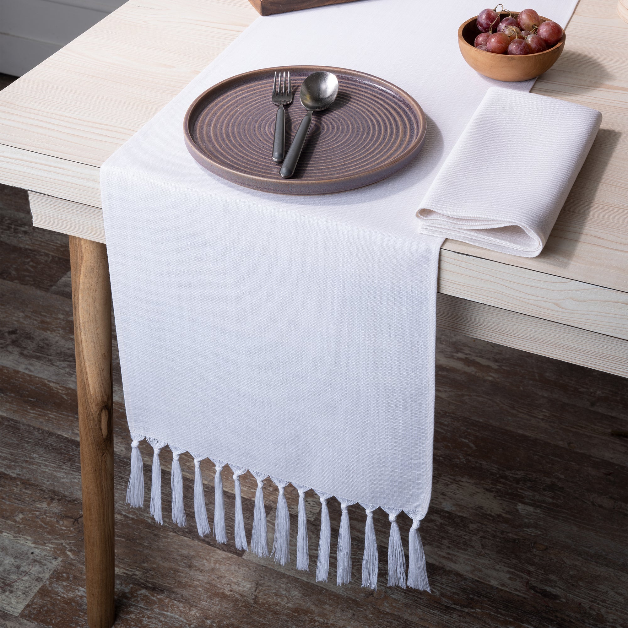 Chambray Cream & White Faux Linen Table Runner - Tassel