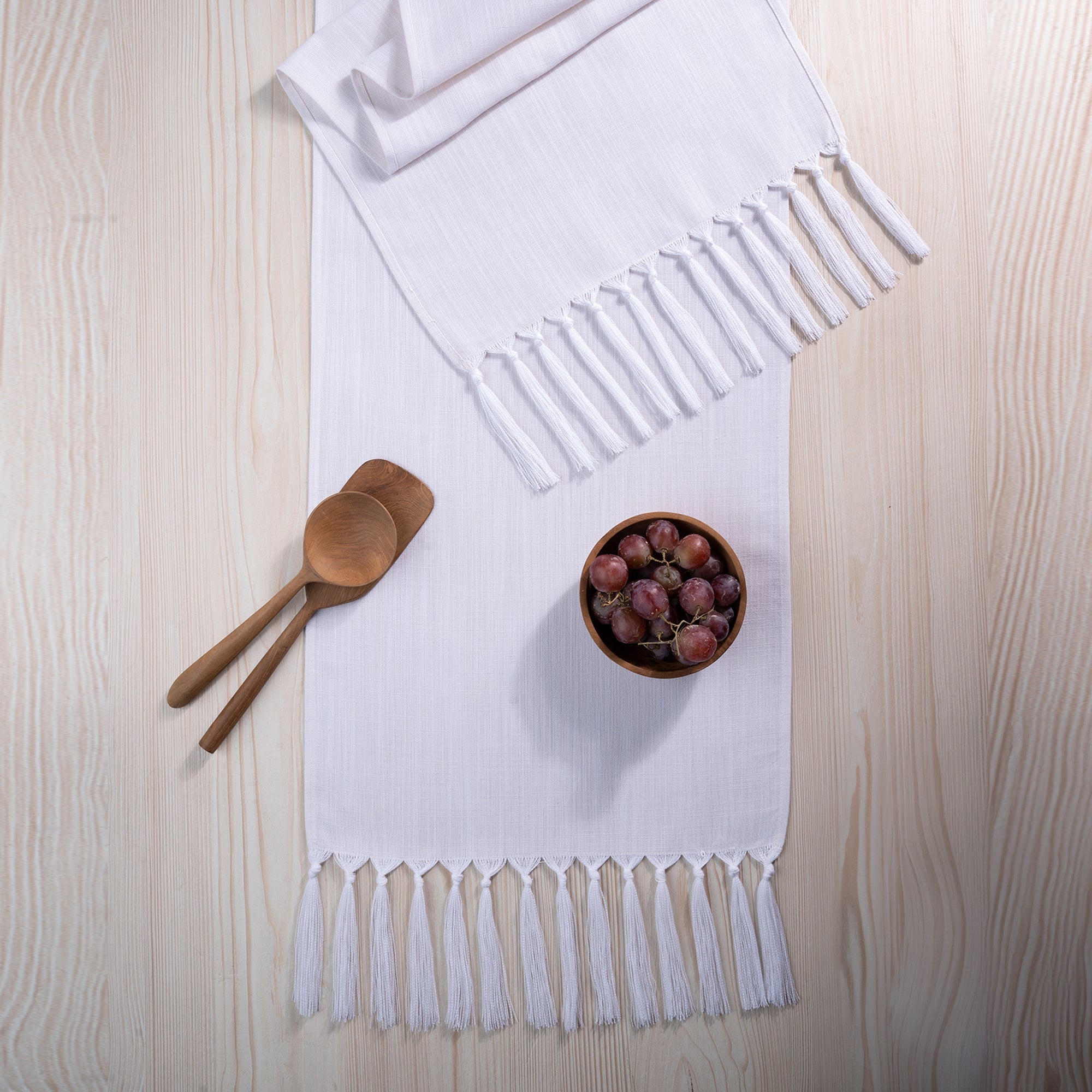 Chambray Cream & White Faux Linen Table Runner - Tassel