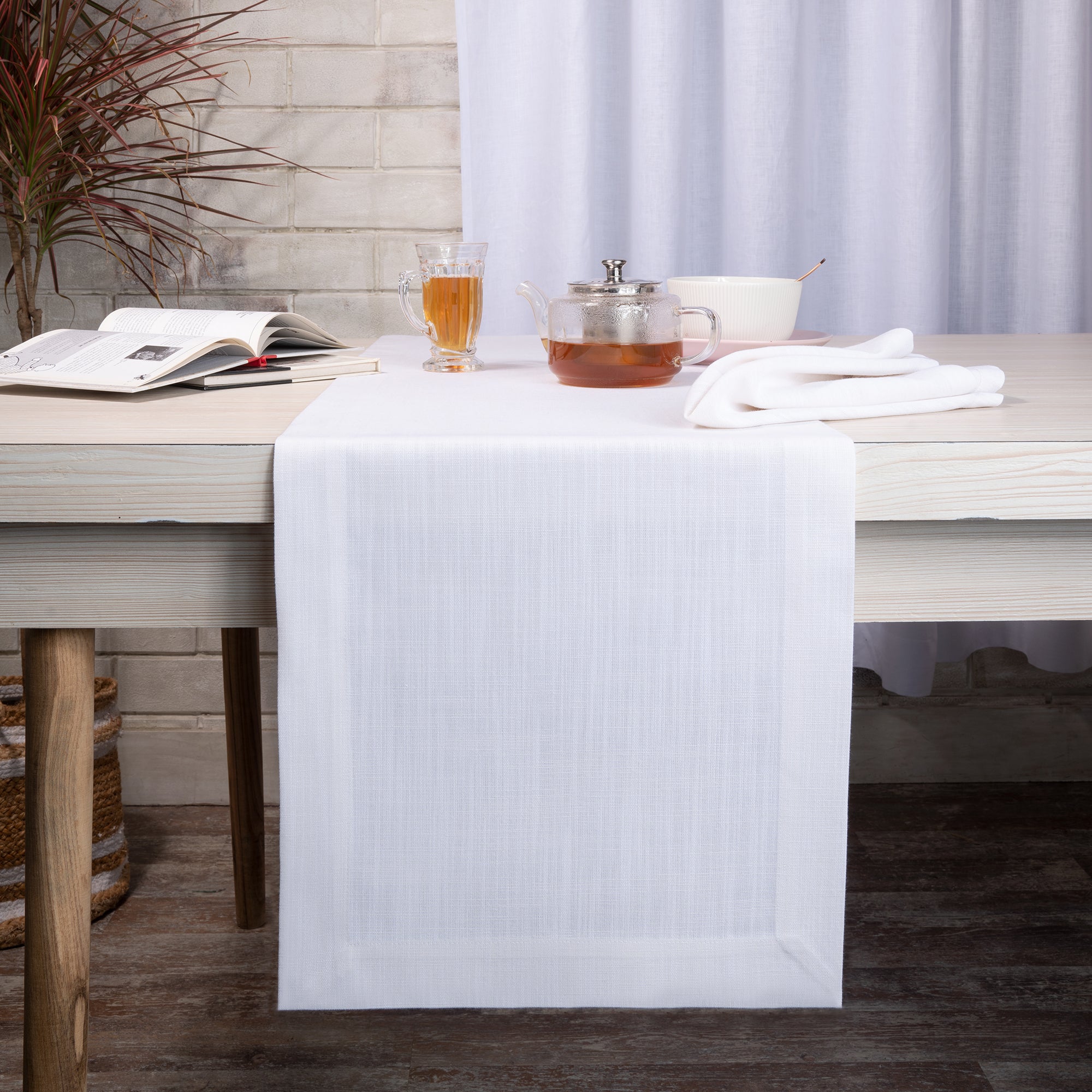 Chambray Cream & White Table Runner, Faux Linen, Mitered Corner