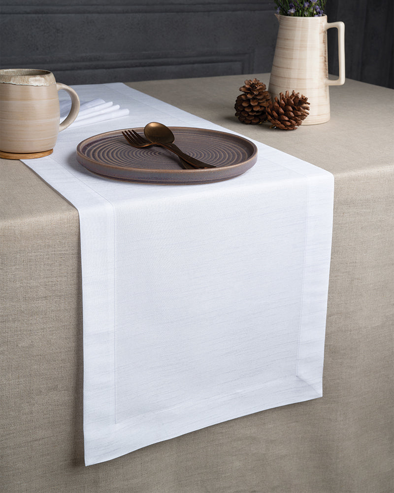 White Silk Textured Table Runner - Mitered Corner