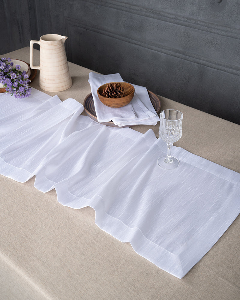 White Silk Textured Table Runner - Mitered Corner