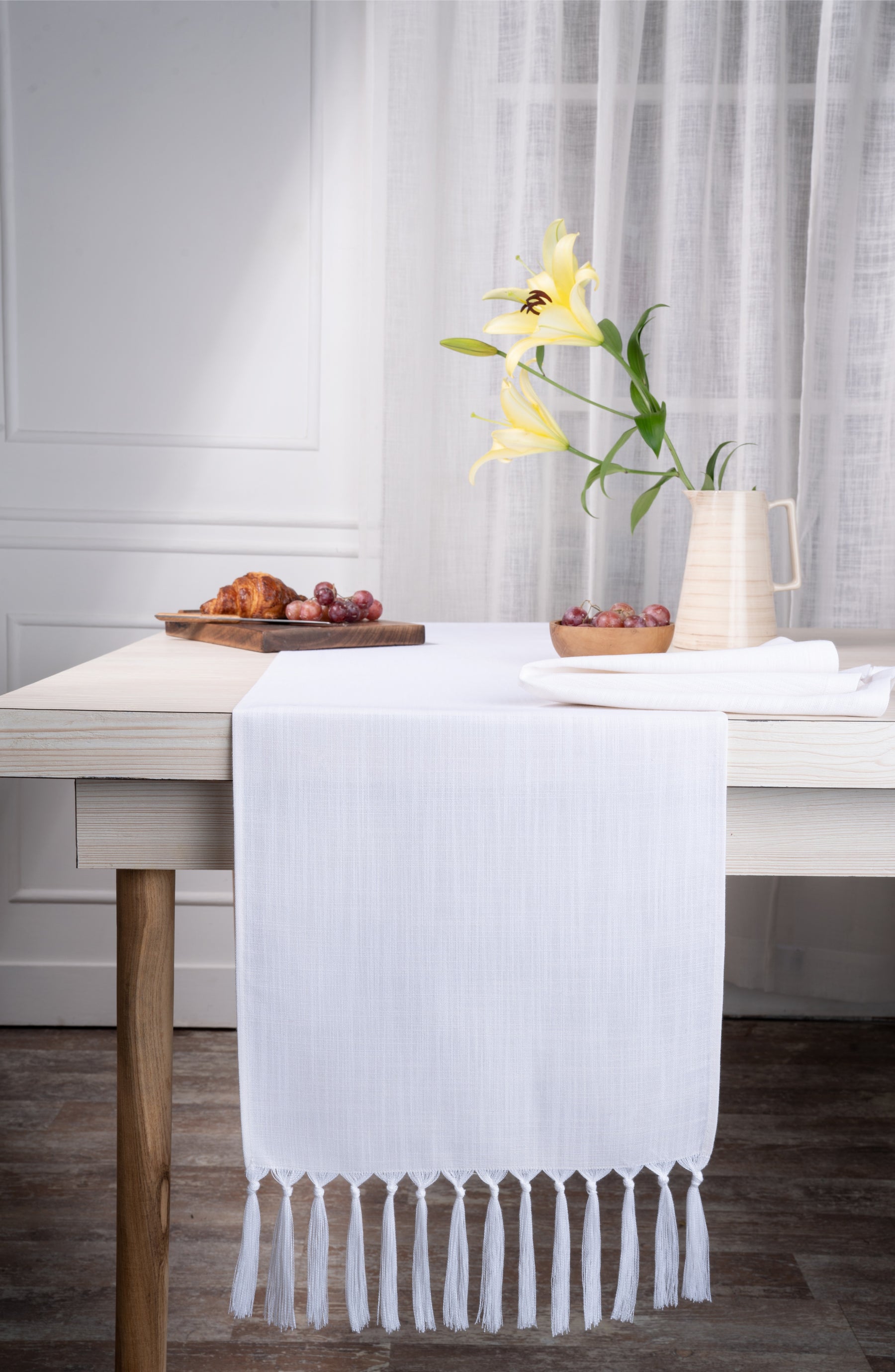White Linen Look Recycled Fabric Tassel Table Runner