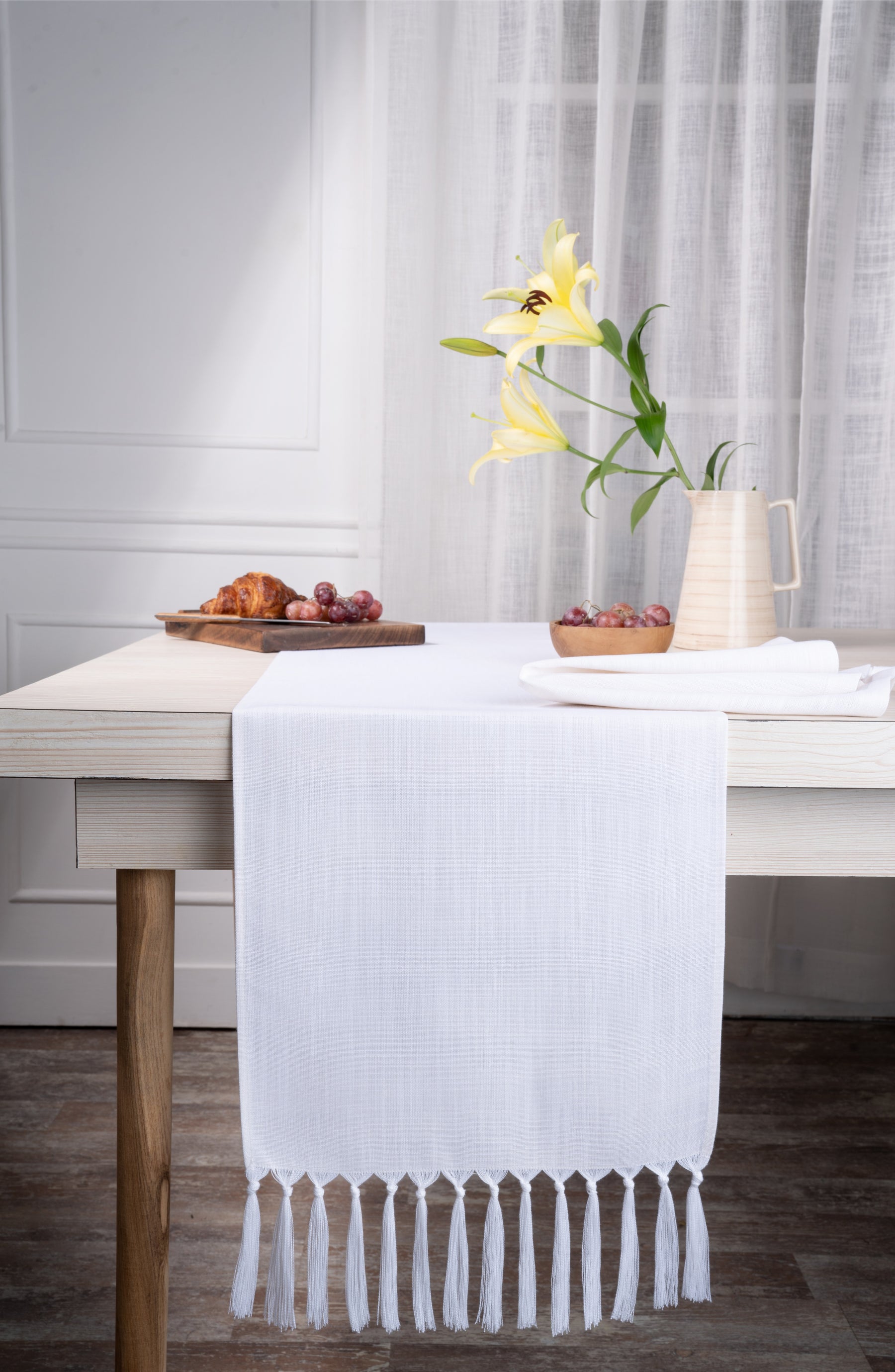 Chambray Cream and White Linen Textured Table Runner - Tassel