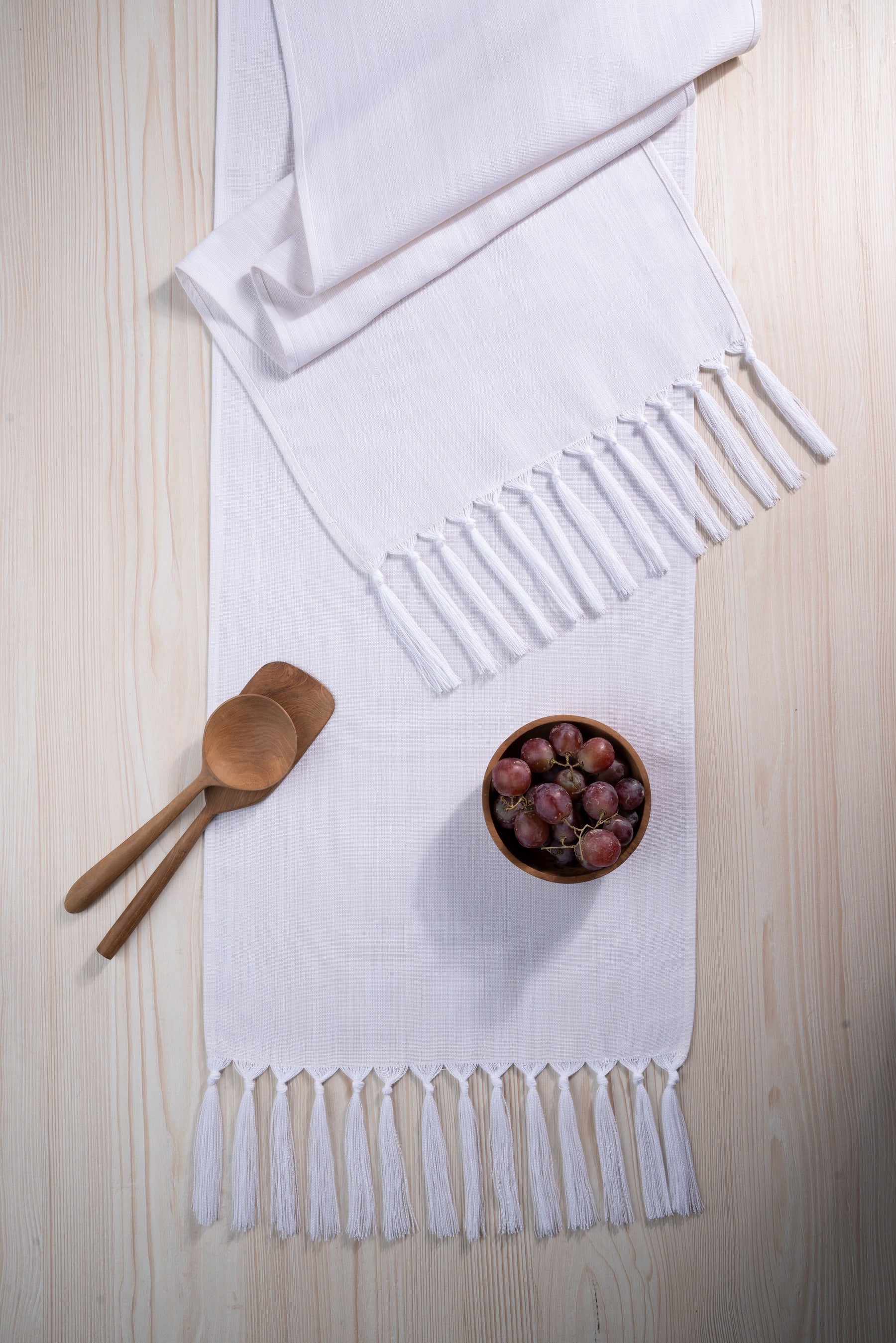 Chambray Cream and White Linen Textured Table Runner - Tassel