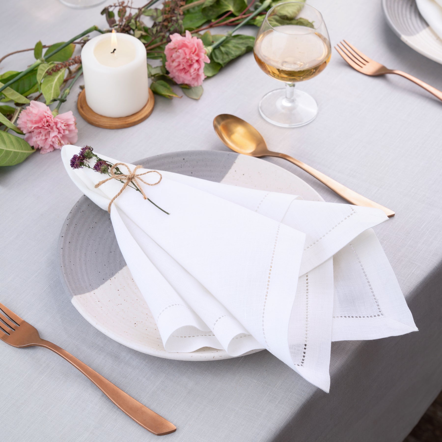 Chambray Cream and White Linen Textured Table Runner - Tassel