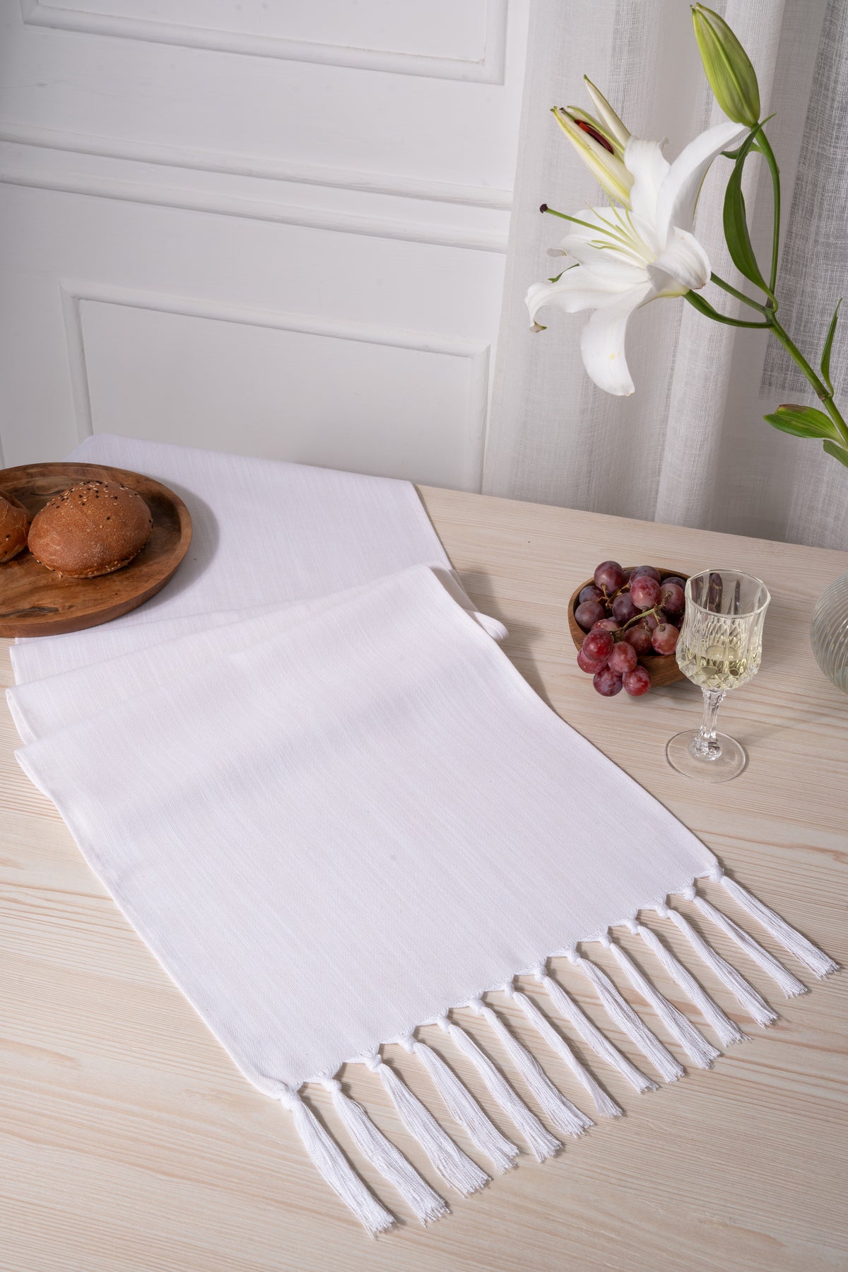 Chambray Cream and White Linen Textured Table Runner - Tassel
