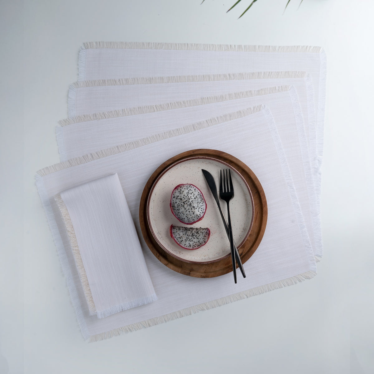 Chambray Cream & White Faux Linen Placemats 14 x 19 Inch Set of 4 - Fringe