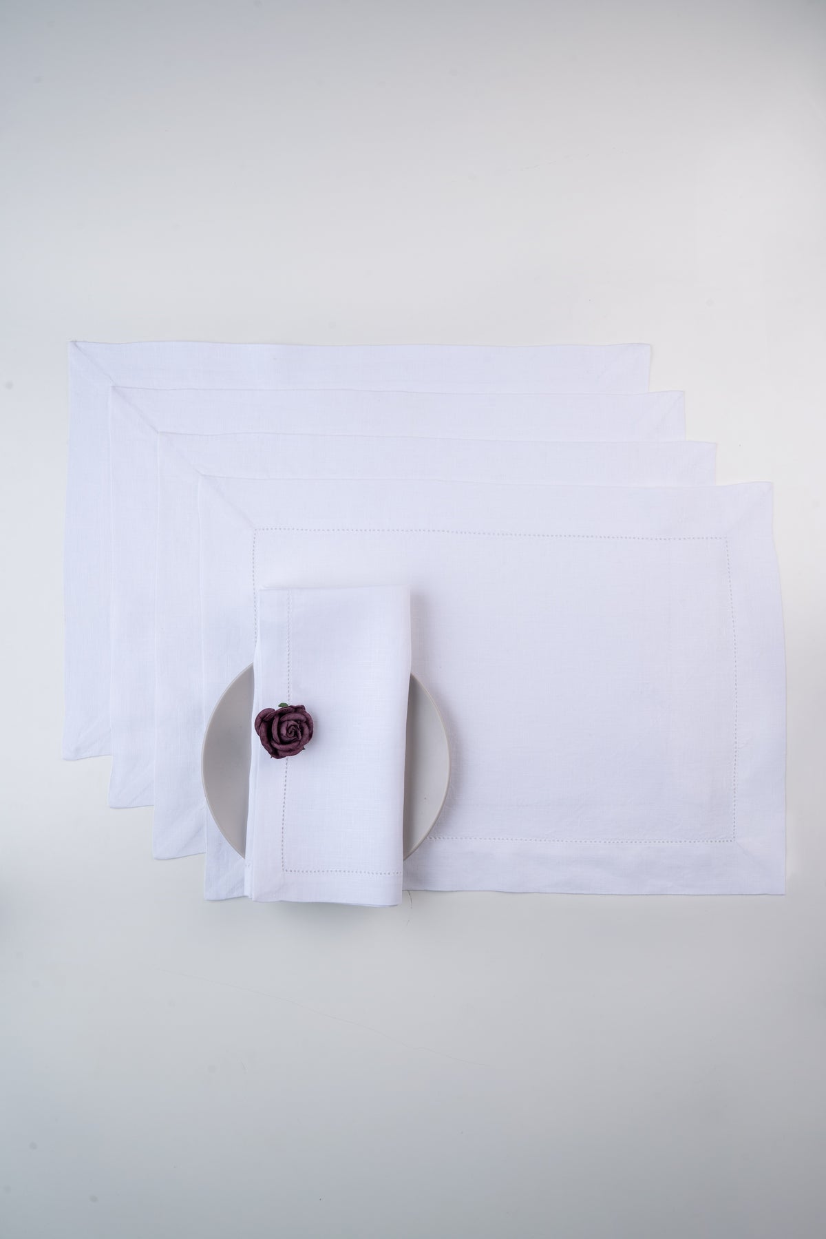 White Linen Placemats 14 x 19 Inch Set of 6 - Hemstitch