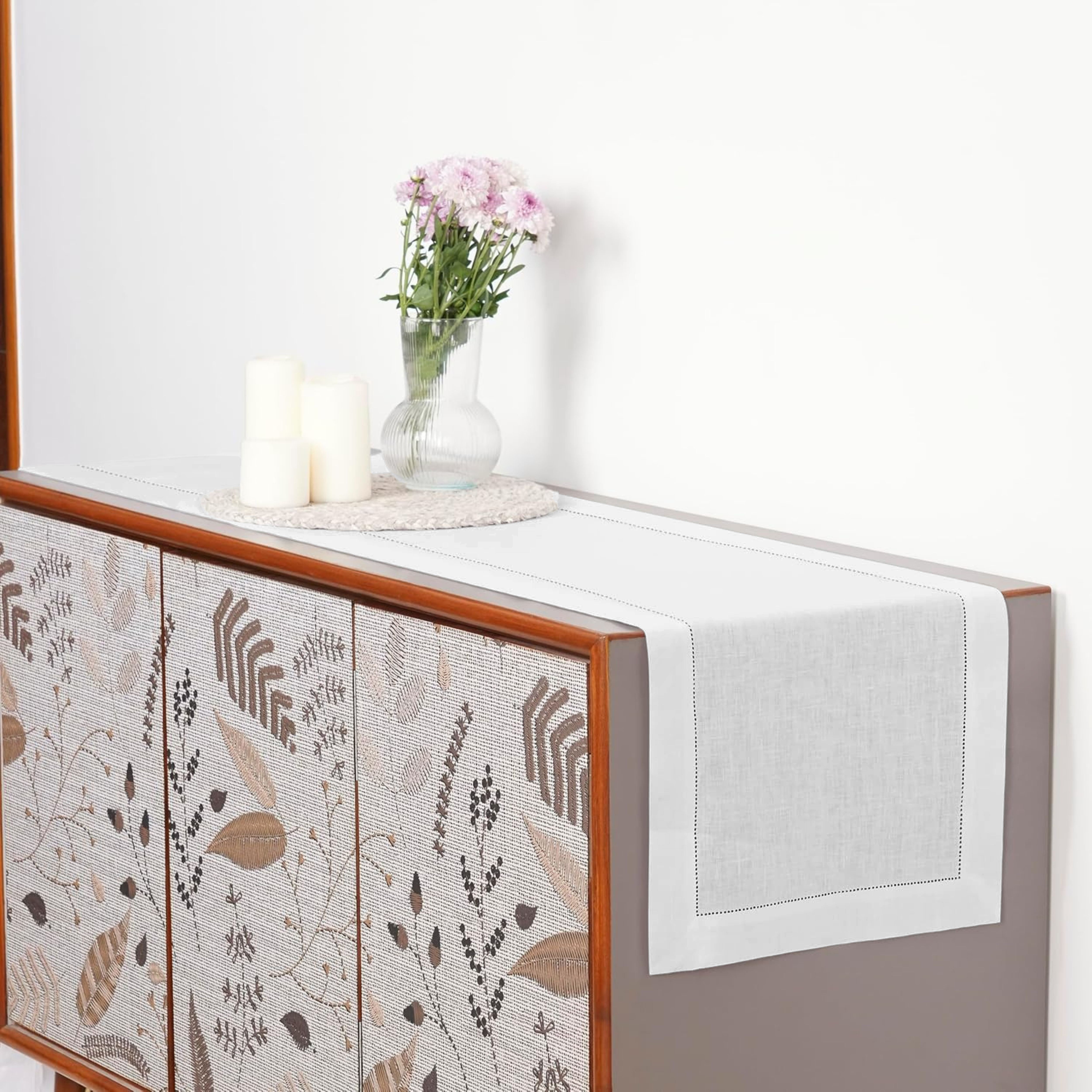 White Linen Table Runner, Hemstitch