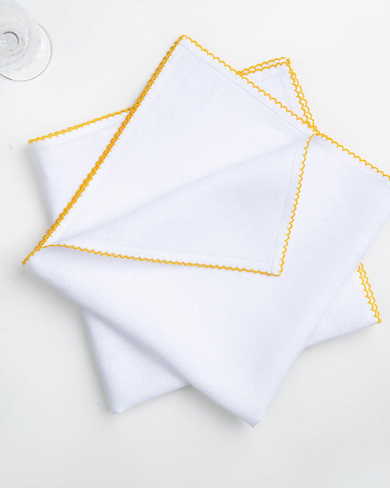 White & Yellow Linen Dinner Napkins 20 x 20 Inch Set of 4 - Whipstitch