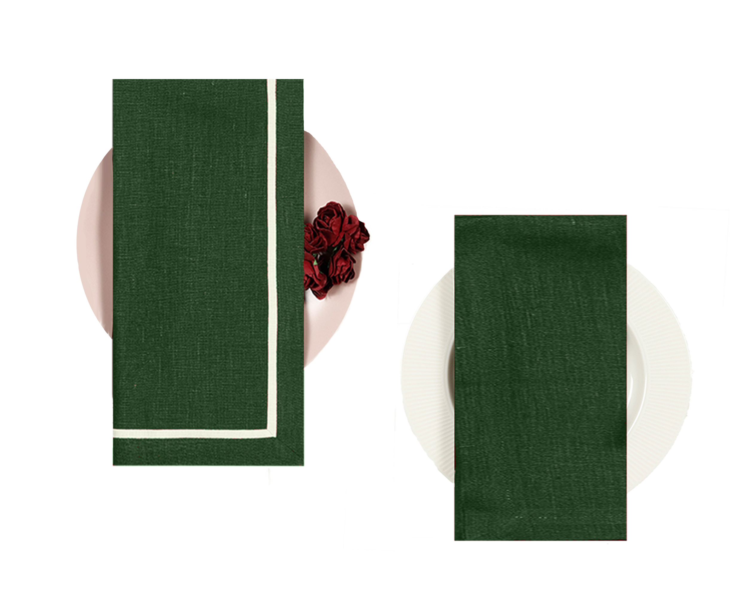 Forest Green and White Linen Napkins, Reversible, 20 x 20 inch, 4 pcs