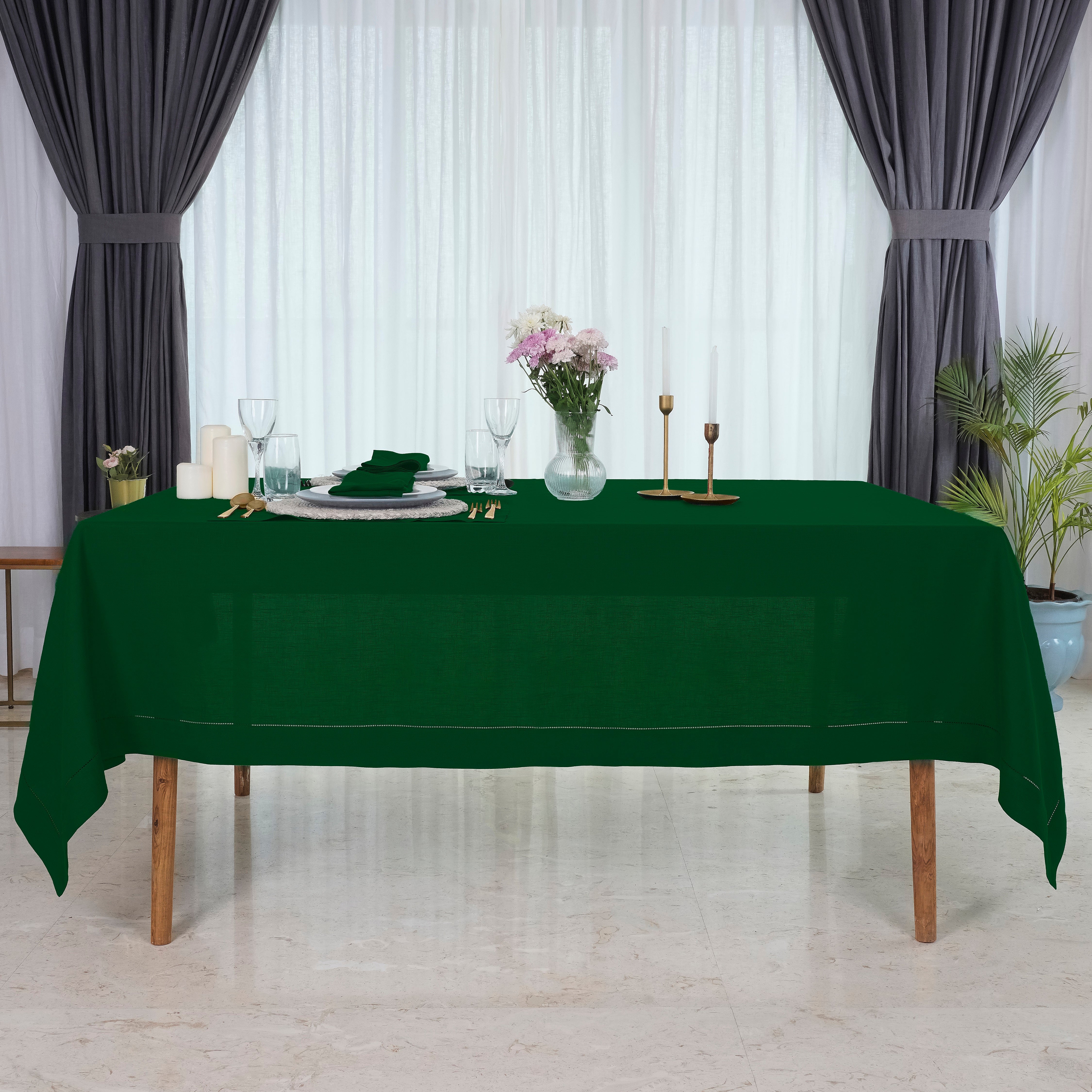 Forest Green Linen Tablecloth, Hemstitch