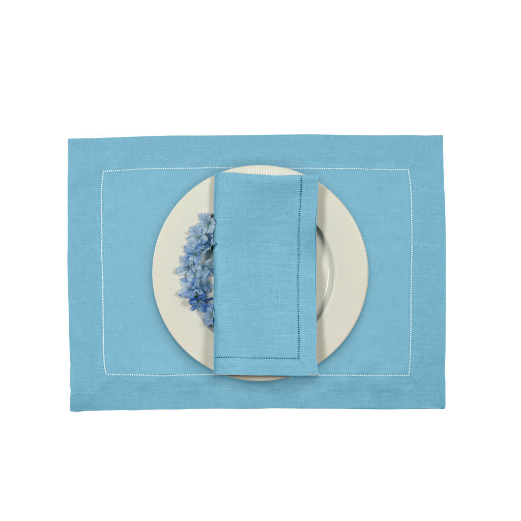 Cyan Blue  Linen Placemats 14 x 19 Inch Set of 4 - Hemstitch
