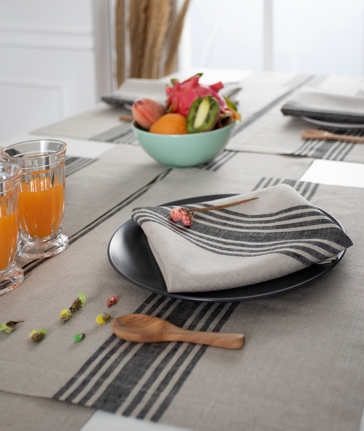 Natural and Black Farmhouse Linen Table Runner