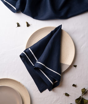 Reversible Navy Blue & White Linen Dinner Napkins | 20 x 20 Inch, Set of 4