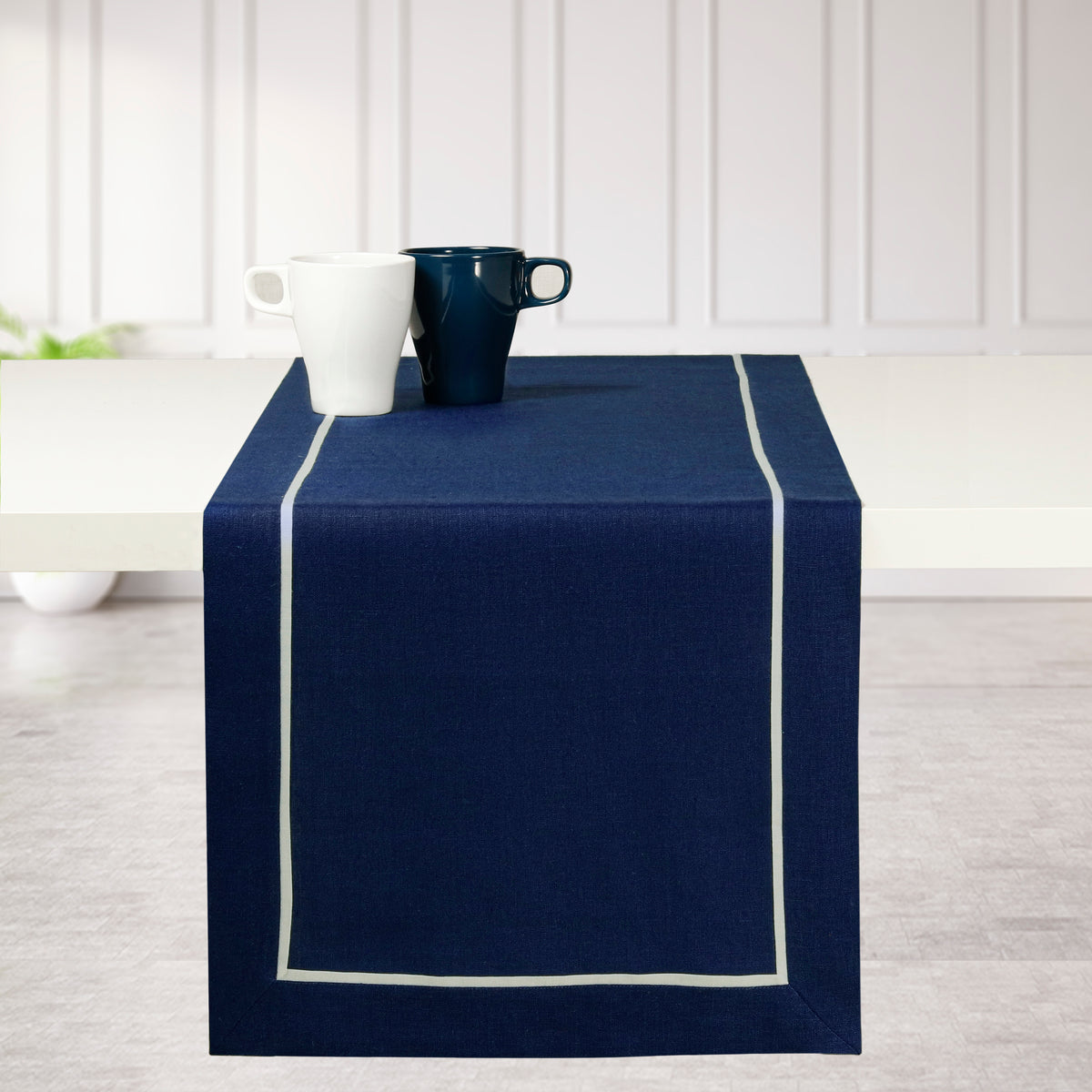 Navy Blue & White Linen Table Runner - Reversible