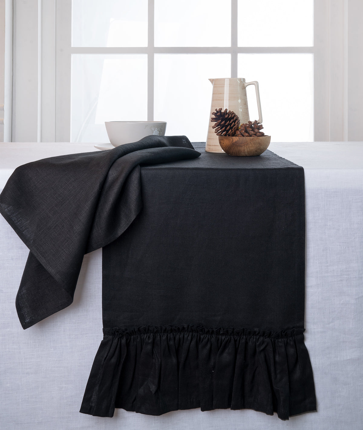 Amazing Black Linen Table Runner - Ruffle