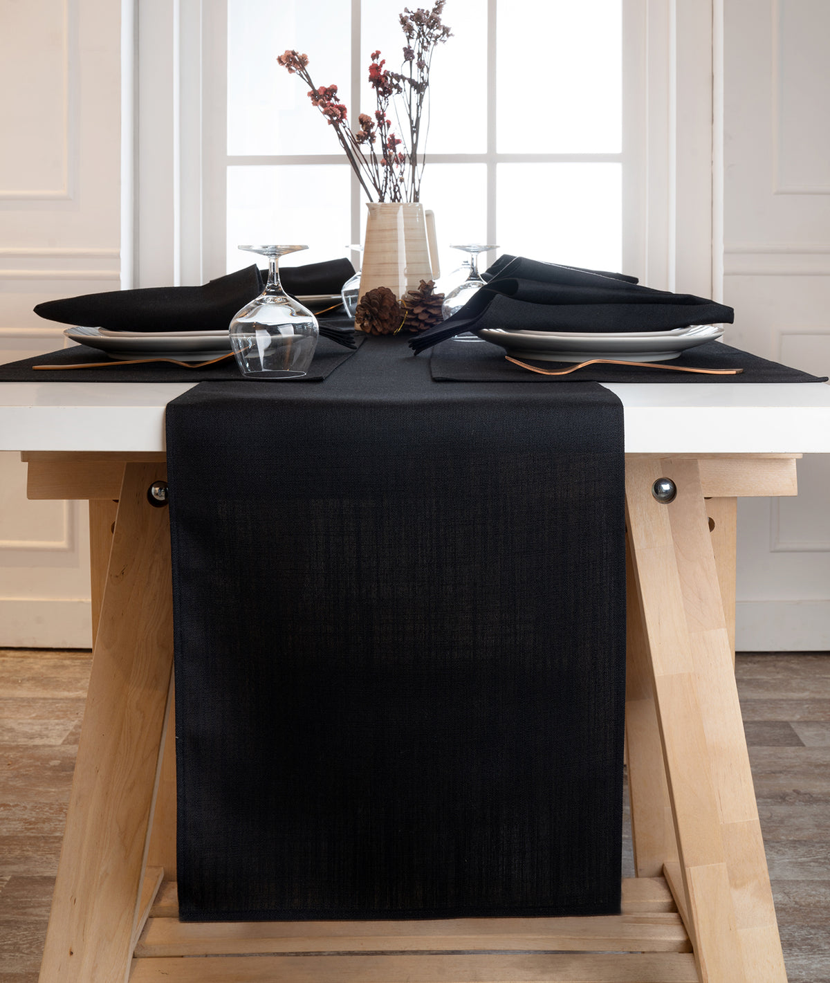 Black Linen Textured Table Runner - Plain