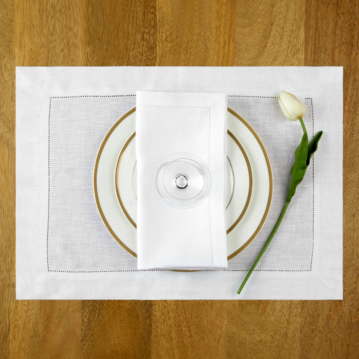 White Linen Placemats 14 x 19 Inch Set of 4 - Hemstitch