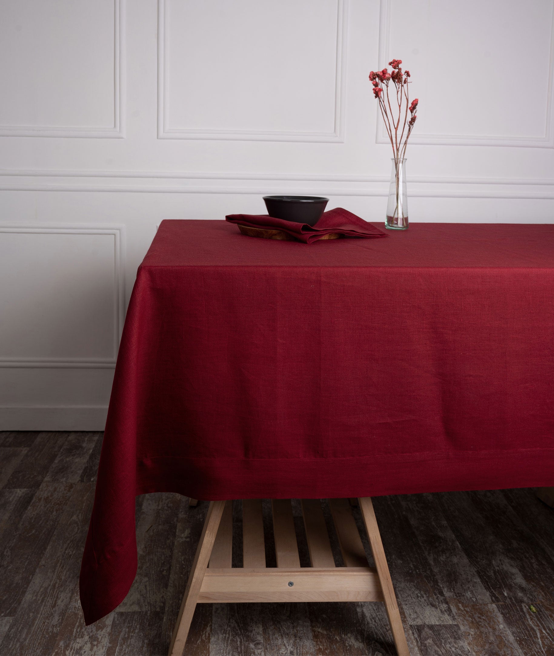 Dark Red Linen Tablecloth, Hemmed