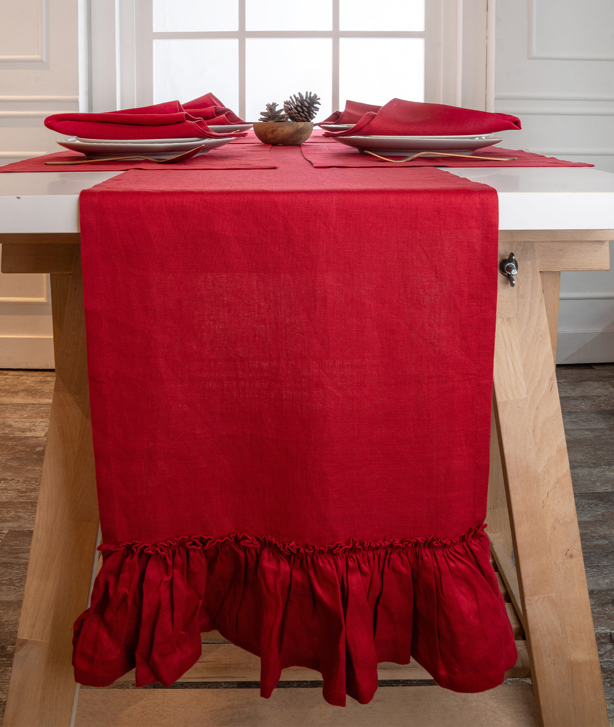 Red Linen Table Runner - Ruffle