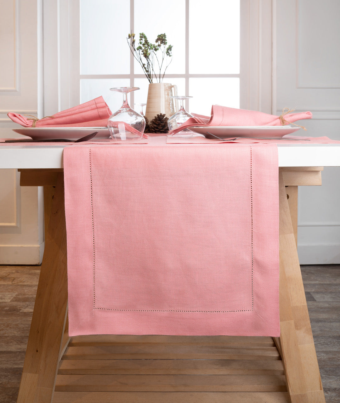 Dusty Pink Linen Table Runner - Hemstitch