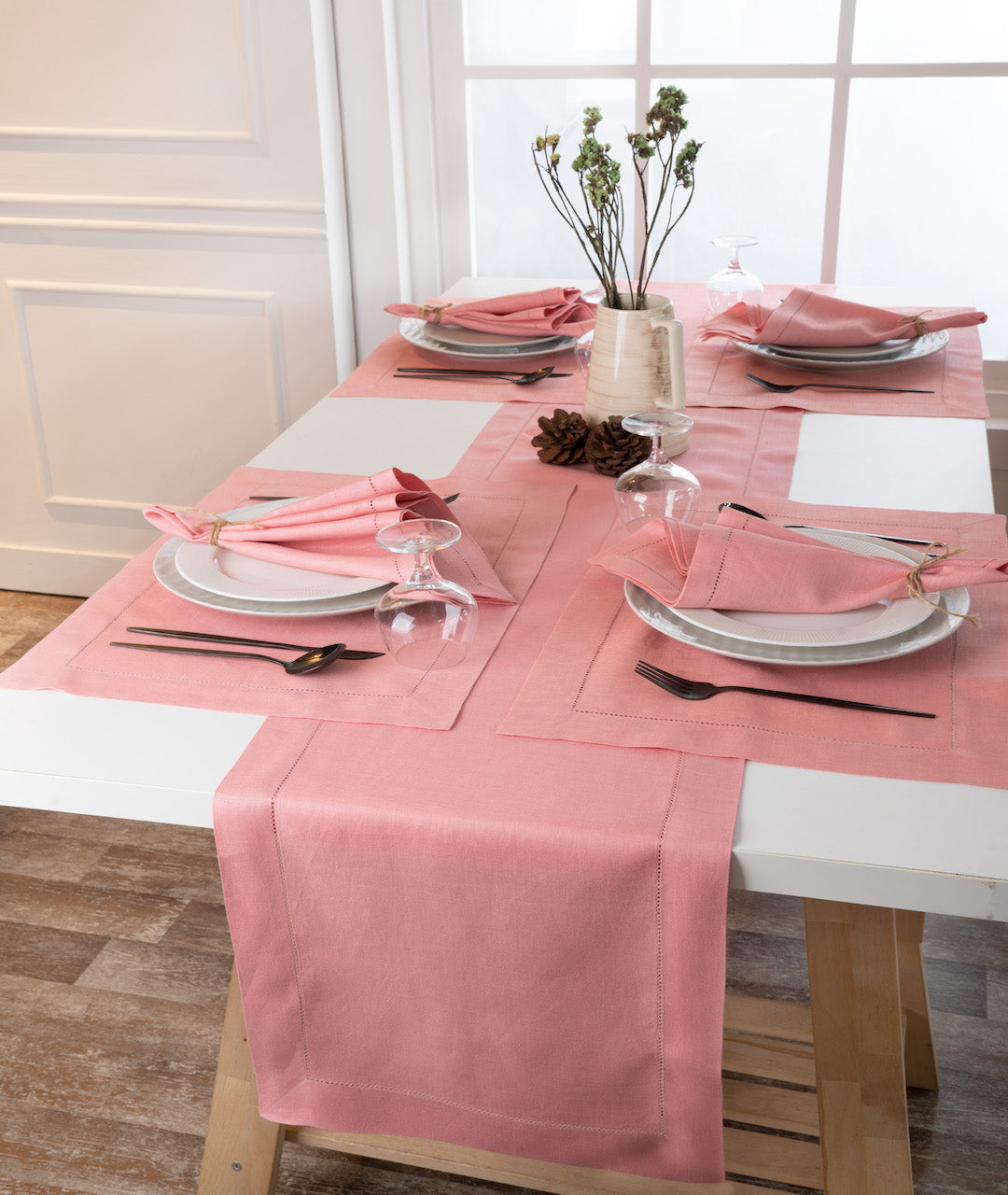 Dusty Pink Linen Table Runner - Hemstitch