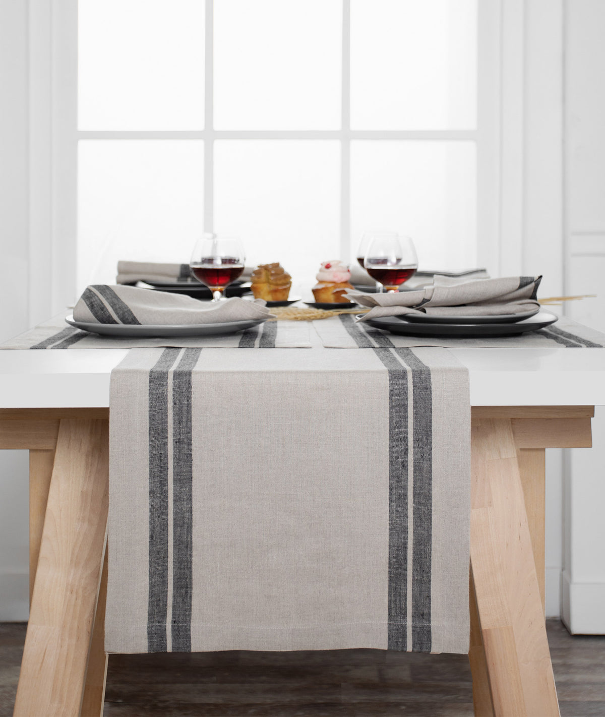 Natural and Black French Stripe Linen Table Runner