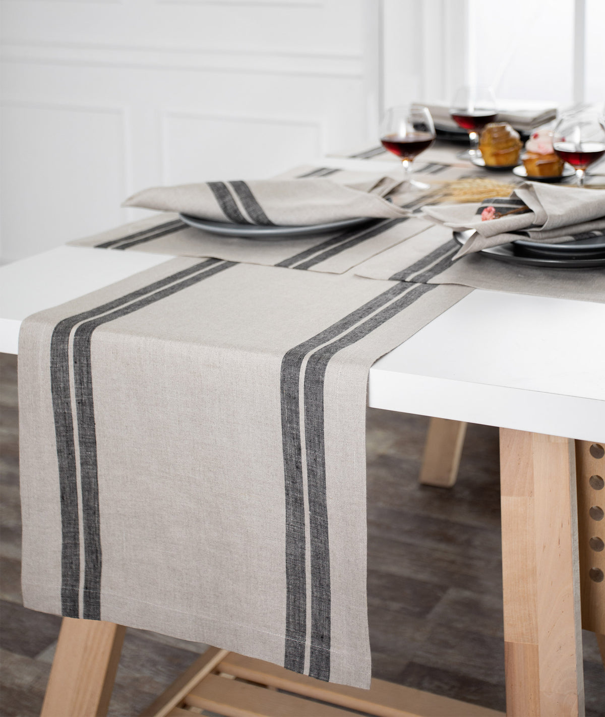 Natural and Black French Stripe Linen Table Runner