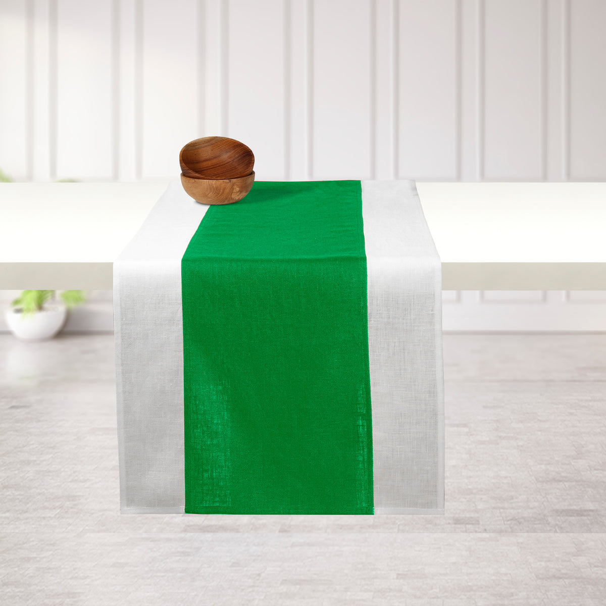 White & Green Linen Table Runner - Splicing