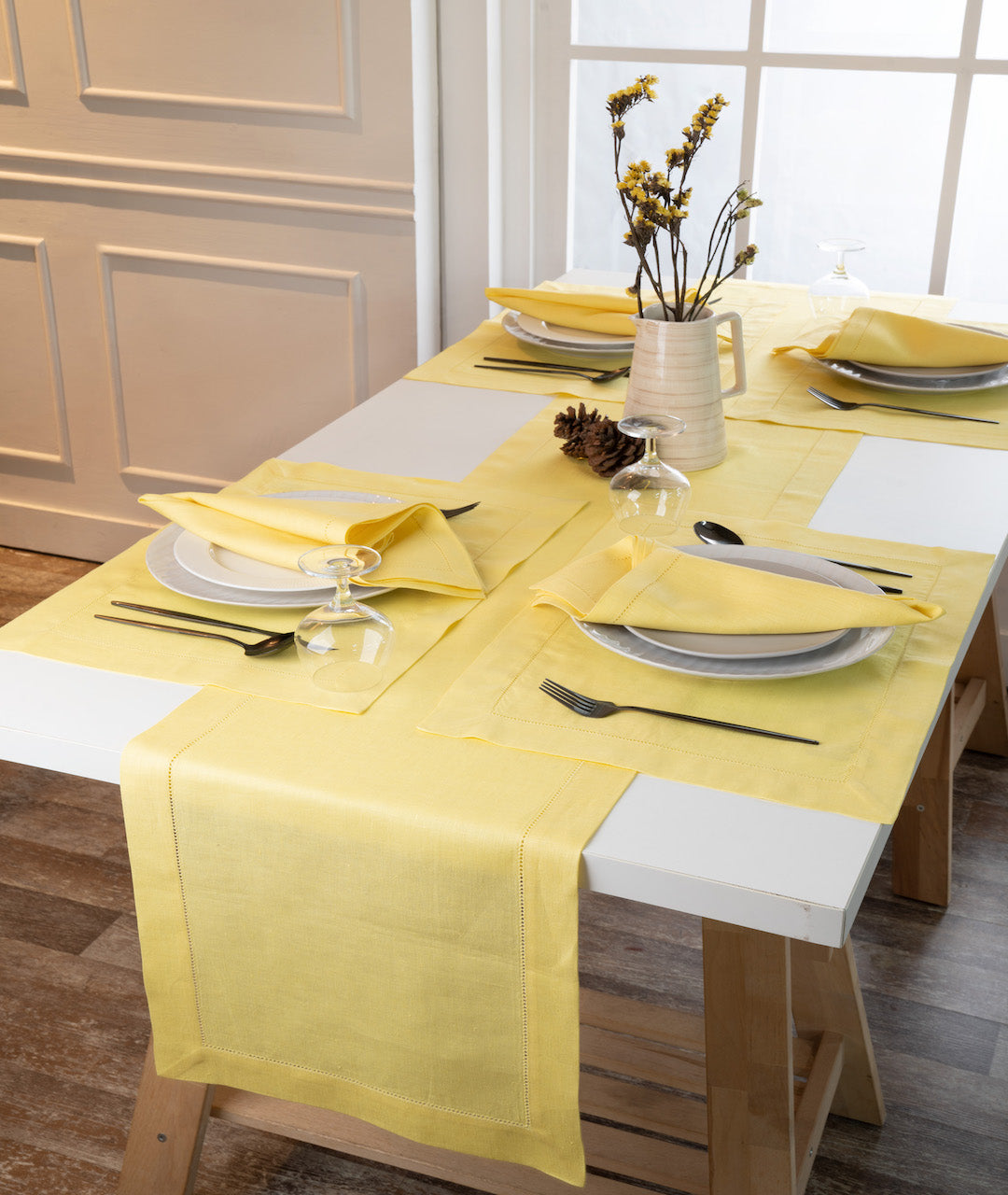 Lemon Yellow Linen Table Runner - Hemstitch