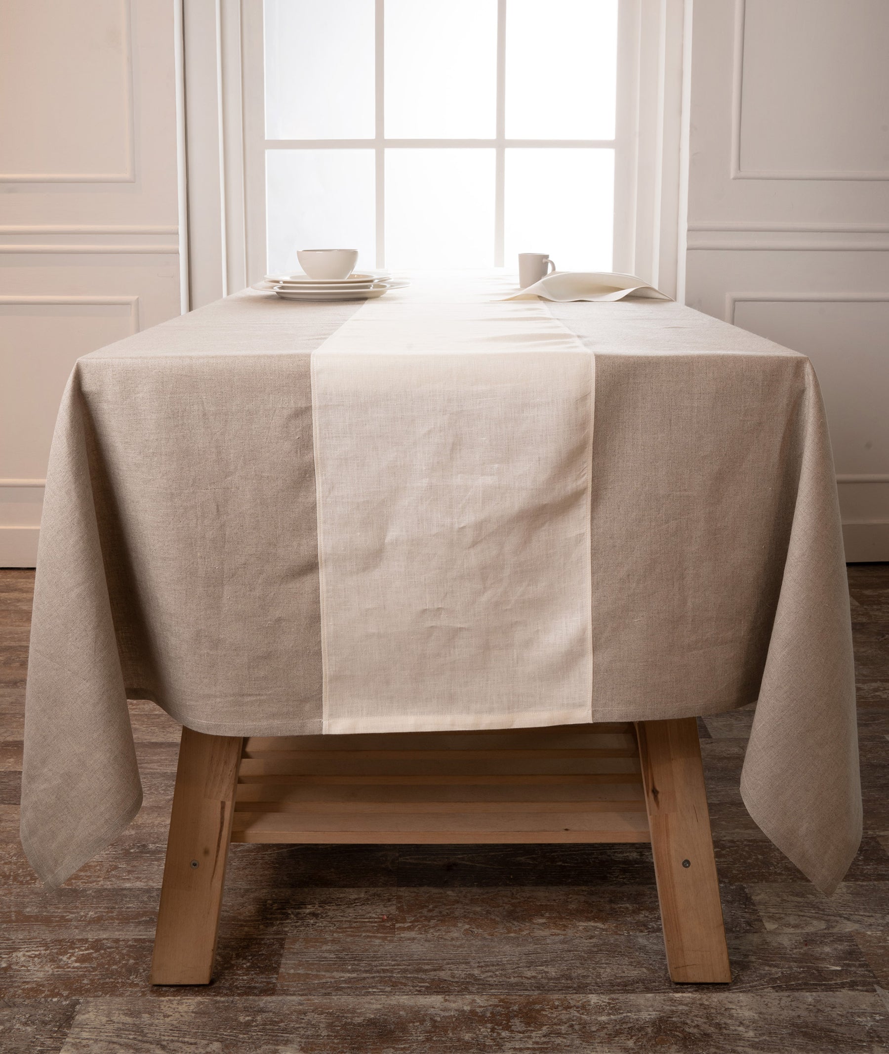 Natural and Ivory Linen Tablecloth - Splicing