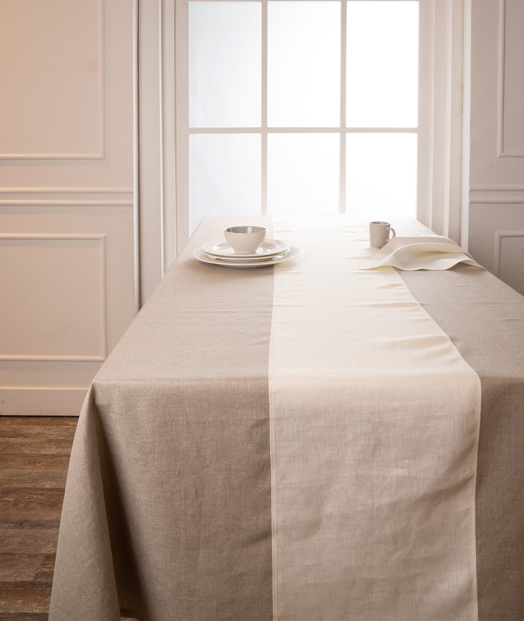 Natural and Ivory Linen Tablecloth - Splicing