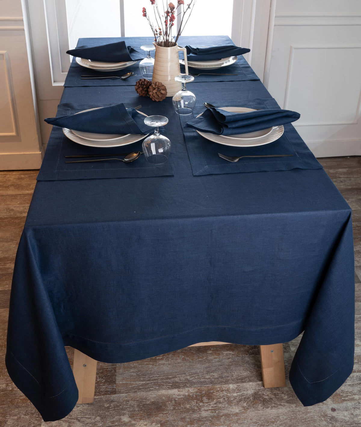 Navy Blue Linen Tablecloth - Hemstitch