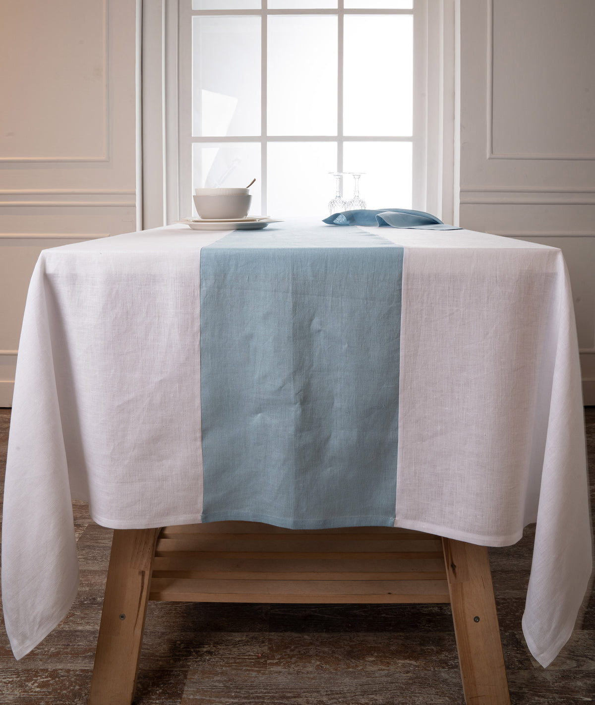 White and Powder Blue Linen Tablecloth - Splicing