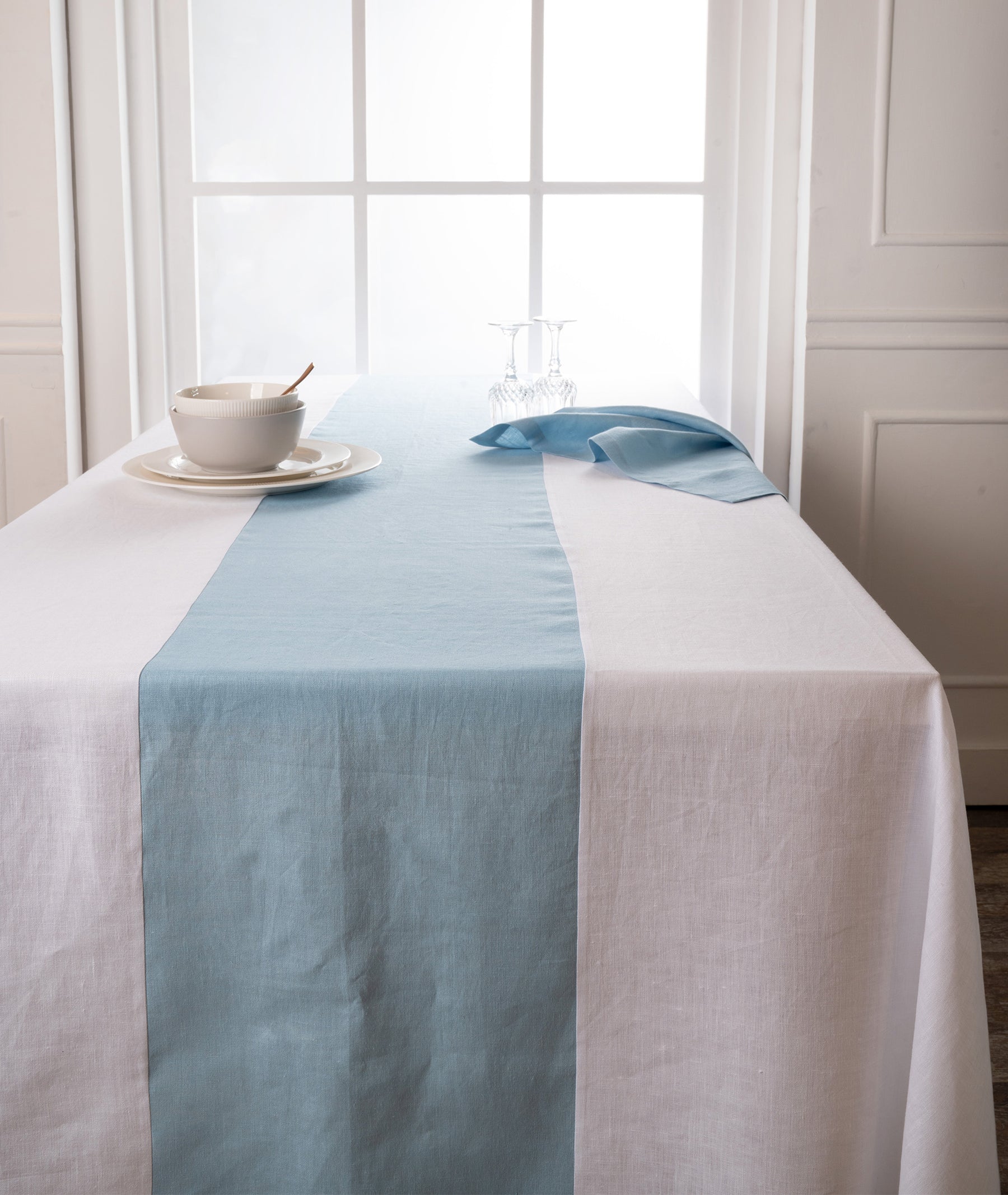 White and Powder Blue Linen Tablecloth - Splicing