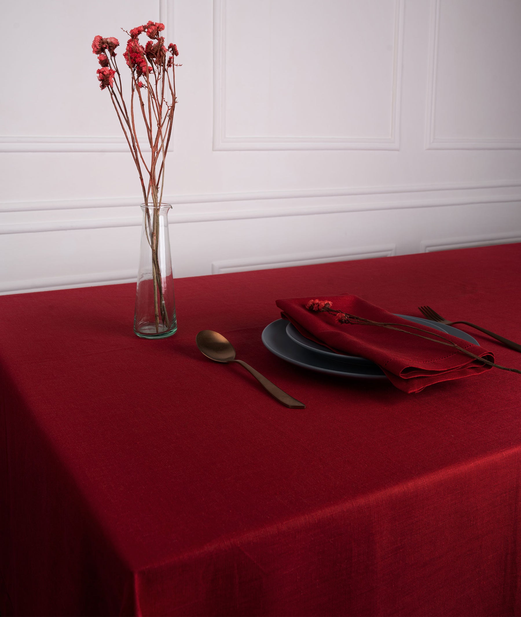 Red Pure Linen Tablecloth - Hemstitch