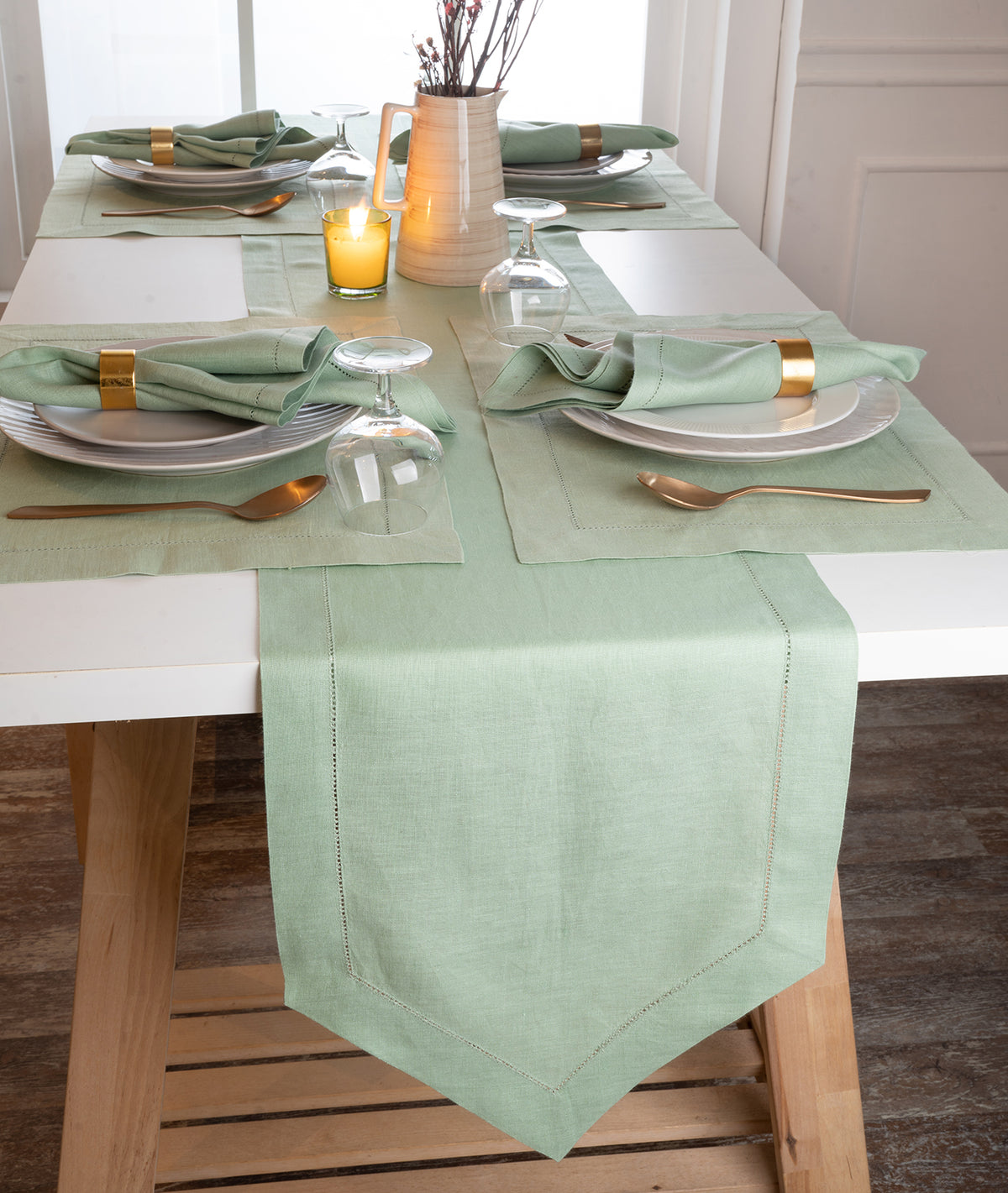 Sage Green Linen Table Runner - Diamond