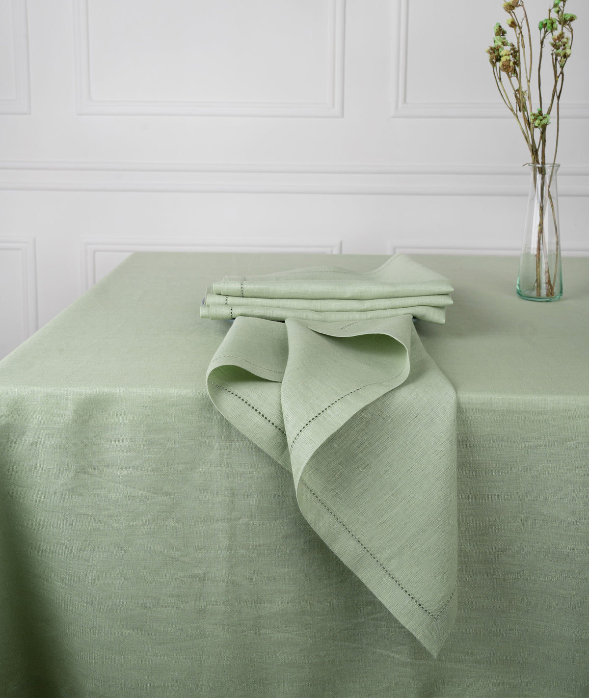 Sage Green Linen Tablecloth - Hemstitch