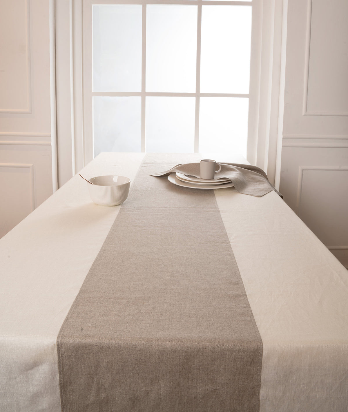Ivory and Natural Linen Tablecloth - Splicing