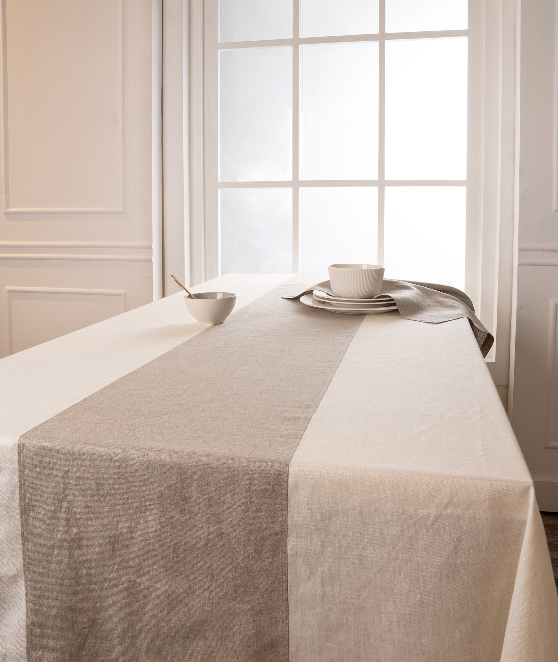 Ivory and Natural Linen Tablecloth - Splicing