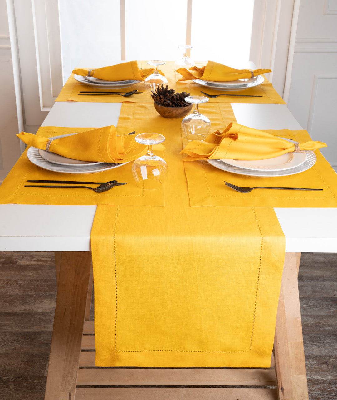 Sunflower Yellow Linen Table Runner - Hemstitch