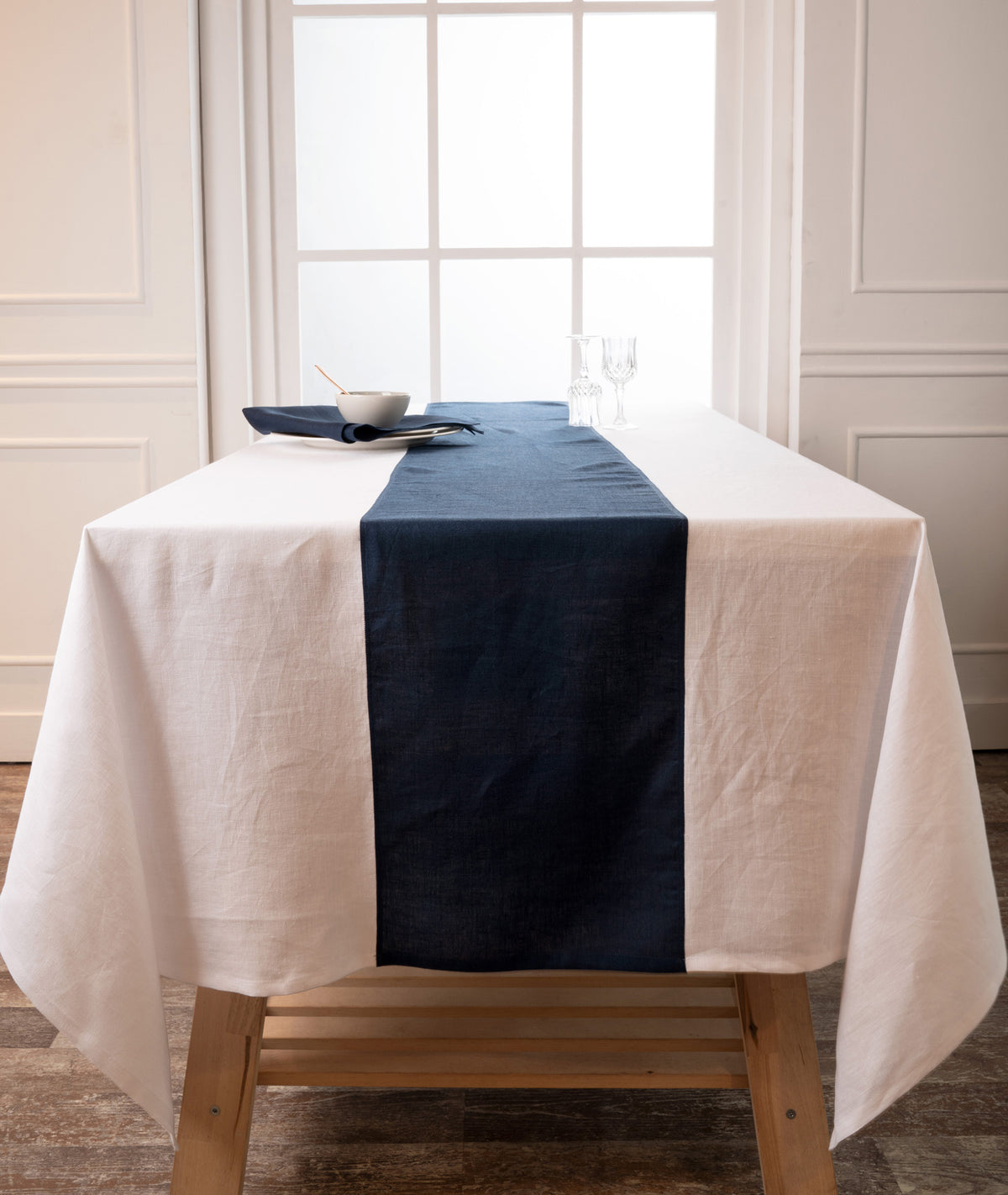 White and Navy Blue Linen Tablecloth - Splicing